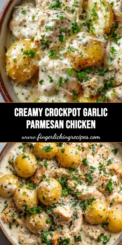 Close-up overhead view of creamy Crockpot Garlic Parmesan Chicken featuring pull-apart chicken chunks and halved baby potatoes in a thick white sauce.