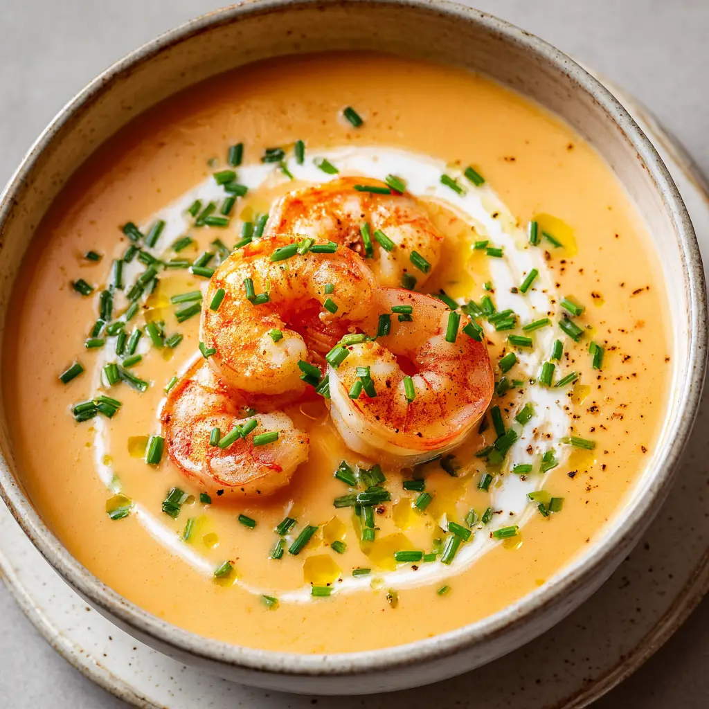 The Ultimate Creamy Shrimp Bisque Recipe 3 Ingredients for Shrimp Bisque including fresh shrimp, heavy cream, fresh chives, and aromatic vegetables.