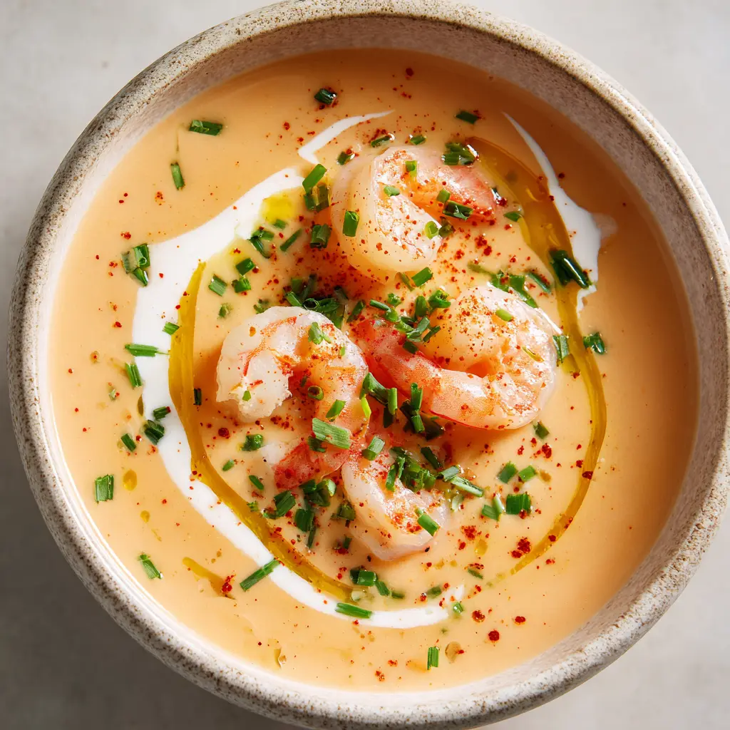 The Ultimate Creamy Shrimp Bisque Recipe 2 Smooth, pale orange shrimp bisque in a rustic white ceramic bowl with natural daylight highlighting its glossy surface.