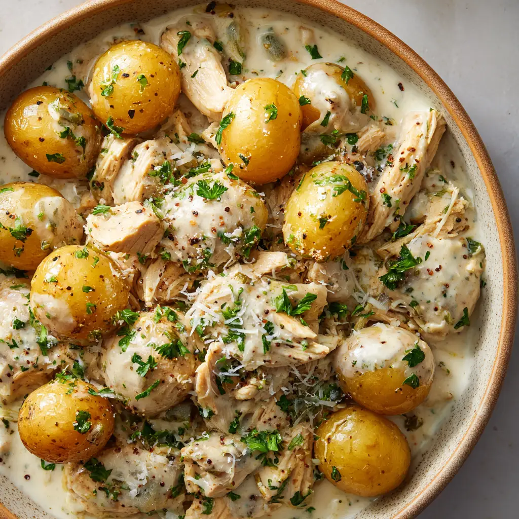 Overhead shot of freshly garnished garlic parmesan chicken sprinkled with chopped green parsley, coarse black pepper, and freshly grated parmesan cheese.