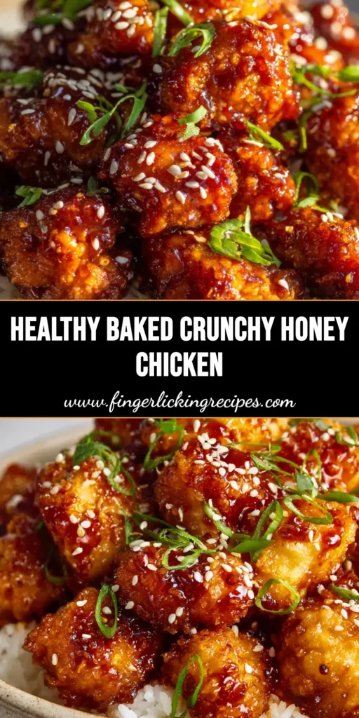 The Ultimate Crispy Baked Honey Chicken 4 A rustic shallow bowl filled with crispy baked honey chicken chunks, topped with sesame seeds and scallions over steamed white rice.