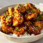 The Ultimate Crispy Baked Honey Chicken Close-up of golden-brown crunchy baked chicken chunks coated in sticky amber honey glaze sauce.