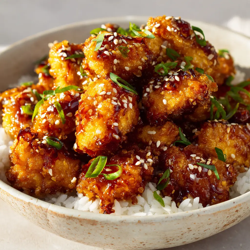 The Ultimate Crispy Baked Honey Chicken 3 Close-up of golden-brown crunchy baked chicken chunks coated in sticky amber honey glaze sauce.