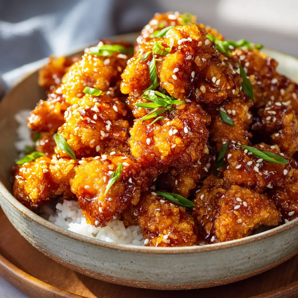 The Ultimate Crispy Baked Honey Chicken 2 Crispy baked honey chicken resting on fluffy steamed white rice with green scallions.
