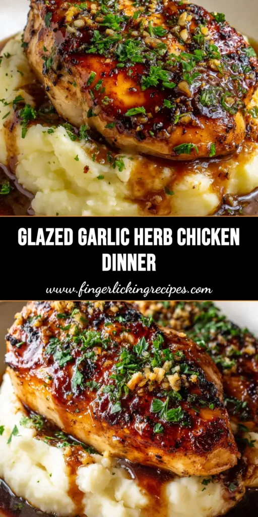 A close-up of perfectly seared Garlic Herb Chicken with a sticky dark amber glaze over creamy mashed potatoes in an off-white bowl.