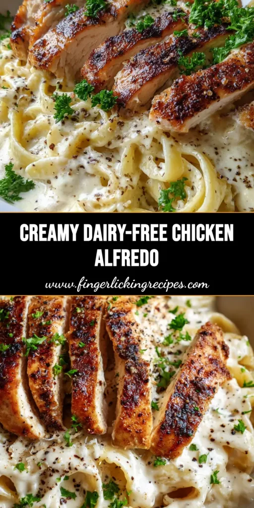 The Ultimate Creamy Dairy Free Chicken Alfredo Recipe 4 A close-up, handheld smartphone photo of dairy-free chicken Alfredo in a shallow white ceramic pasta bowl with overlapping slices of golden-brown chicken breast.