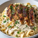 Ingredients for dairy free chicken alfredo including fettuccine noodles, raw cashews, chicken breast, fresh parsley, and cracked black pepper.