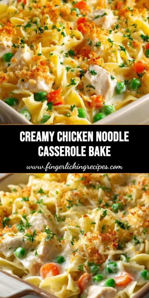 Ultimate Creamy Chicken Noodle Casserole 5 A close-up of a freshly baked creamy chicken noodle casserole in a rectangular ceramic baking dish with a golden cracker topping.