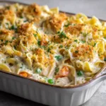 Wide wavy egg noodles and cooked chicken chunks completely enveloped in a thick, rich ivory-colored cream sauce.