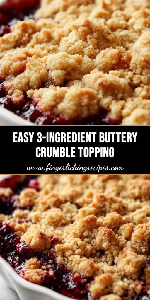 Close-up of a 3-ingredient crumble topping featuring thick, golden-brown baked buttery clusters over a bubbling dark red mixed berry filling.