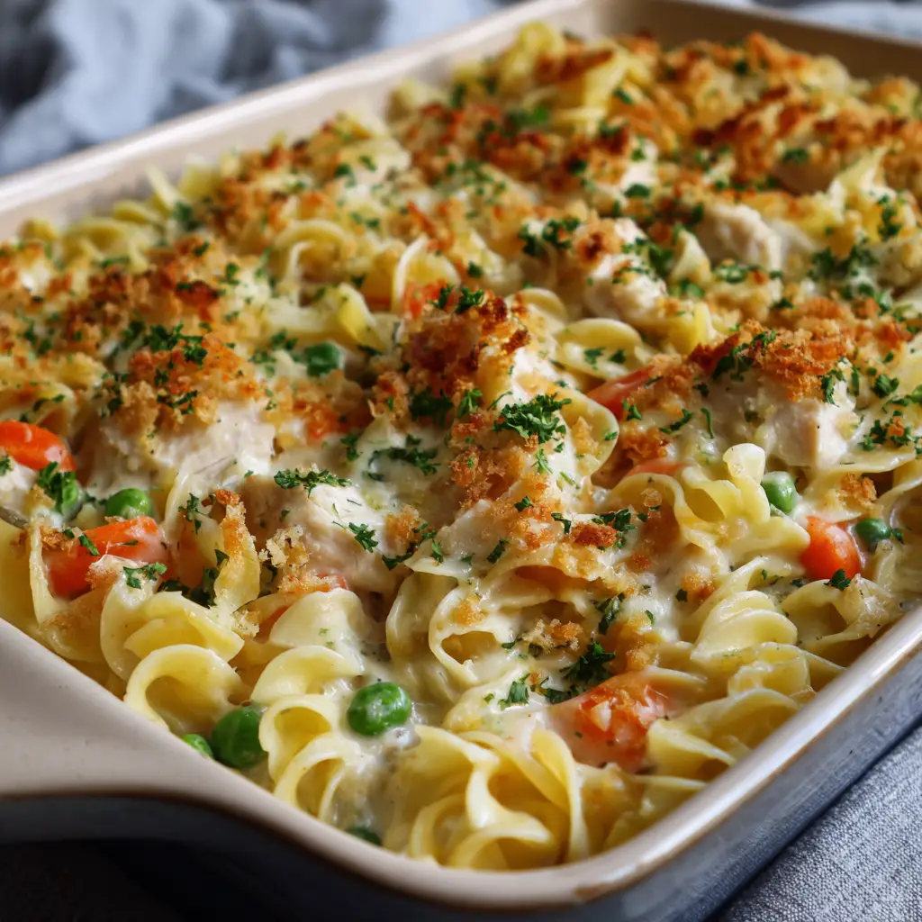 Ultimate Creamy Chicken Noodle Casserole 2 Surface of the chicken noodle casserole heavily layered with a toasted, golden-brown crushed cracker and lightly melted cheese topping.