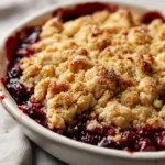 The Best 3-Ingredient Crumble Topping (Thick & Buttery) Rustic white ceramic baking dish filled with dark red mixed berries and topped with densely packed, uneven clusters of flour, sugar, and melted butter.