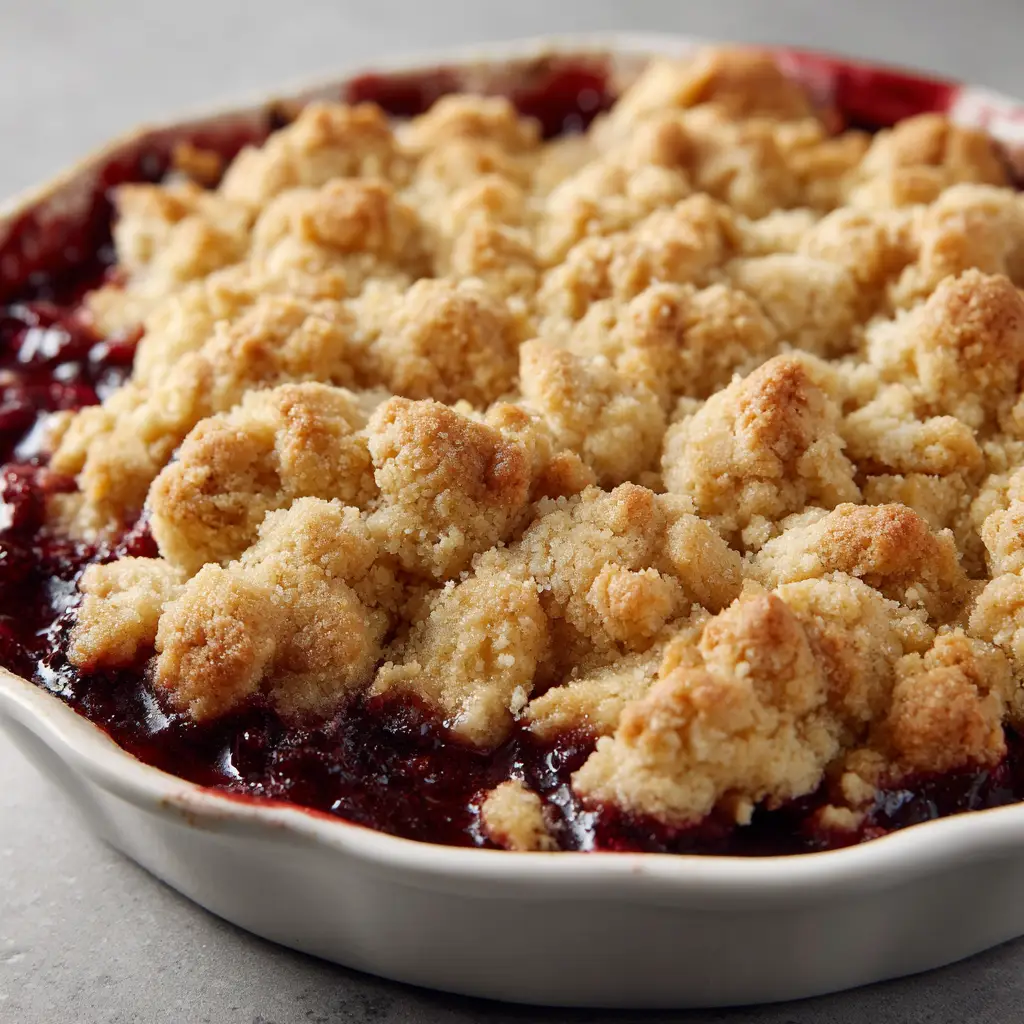 A smartphone shot showing the rough, cracked texture of the baked buttery crumble topping with a glistening sheen as the berry juices ooze slightly.