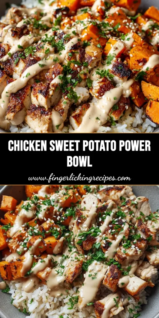 A close-up of a chicken and sweet potato bowl with fluffy rice, golden-brown seared chicken, charred sweet potatoes, and creamy tahini drizzle.