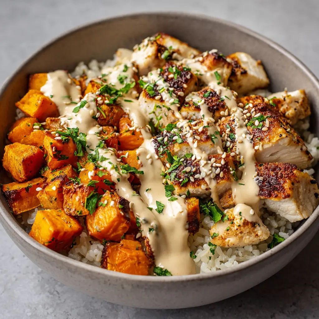 Close up photo of charred roasted orange sweet potato cubes and pan-seared chicken breast on a bed of white rice.