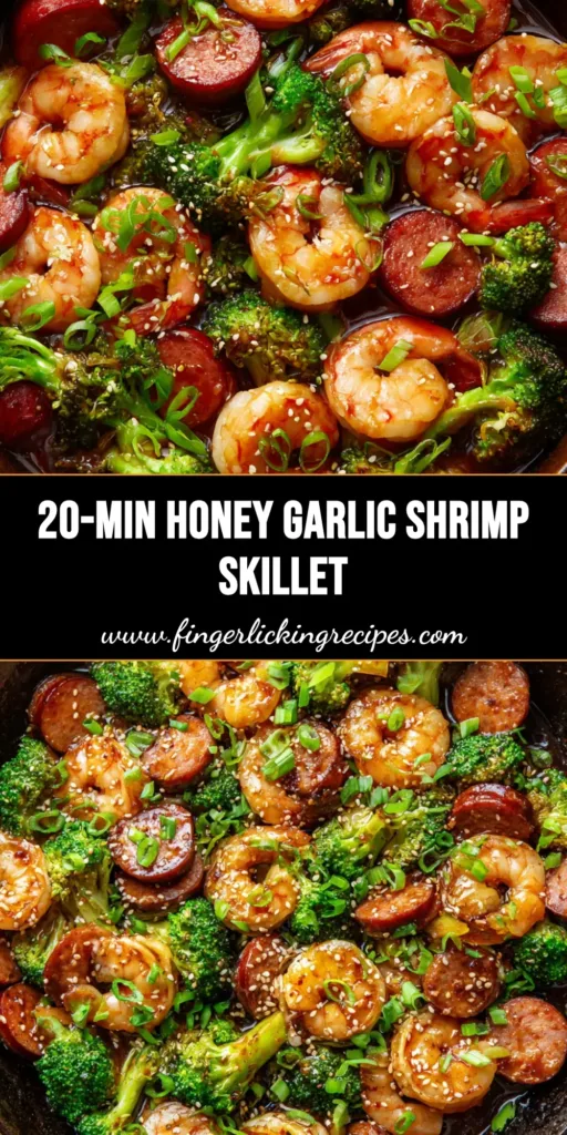 A close-up view of Honey Garlic Shrimp and Sausage sizzling in a rustic cast iron skillet, garnished with sesame seeds.