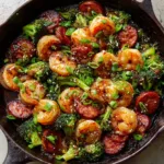 Top-down view of fresh ingredients including pink shrimp, smoked sausage, broccoli, and a dark amber honey garlic sauce. (Honey Garlic Shrimp and Sausage)