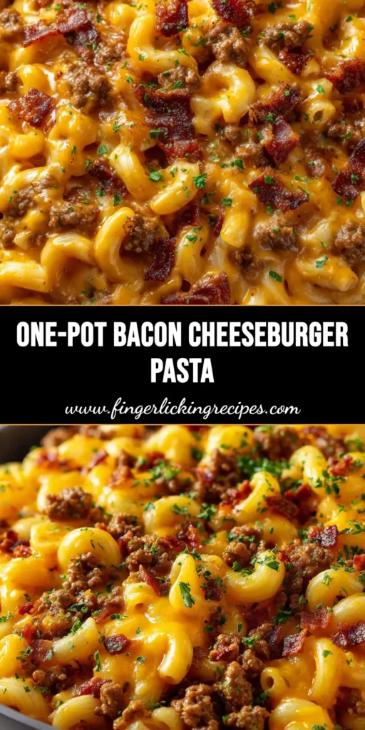 Ultimate Bacon Cheeseburger Pasta 4 Close-up of loaded bacon cheeseburger pasta in a dark pan with thick glossy cheddar cheese sauce, browned ground beef, and crispy bacon.