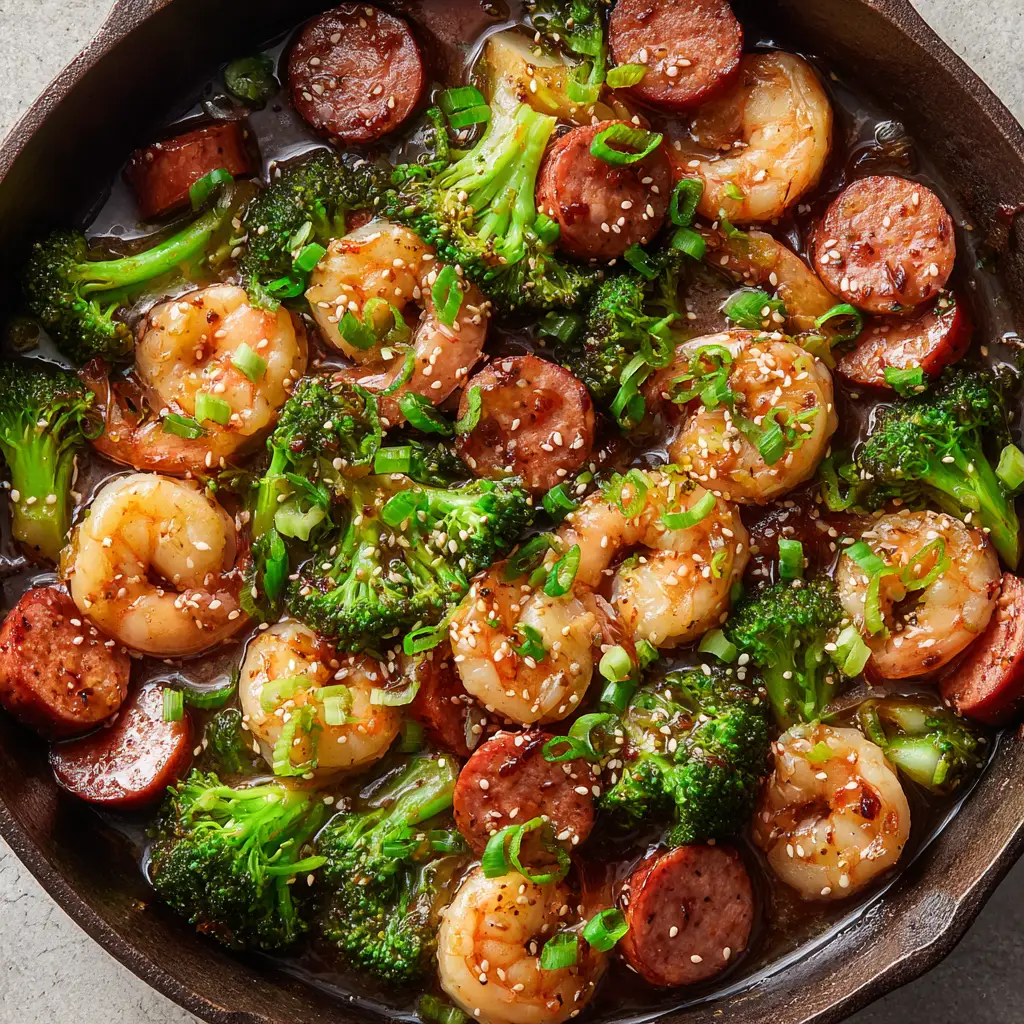 Thick diagonal slices of browned smoked sausage and plump pink cooked shrimp coated in a glossy dark amber glaze.