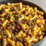 Top-down view of Bacon Cheeseburger Pasta ingredients including ground beef, thick-cut bacon, sharp cheddar cheese, and short tube pasta.