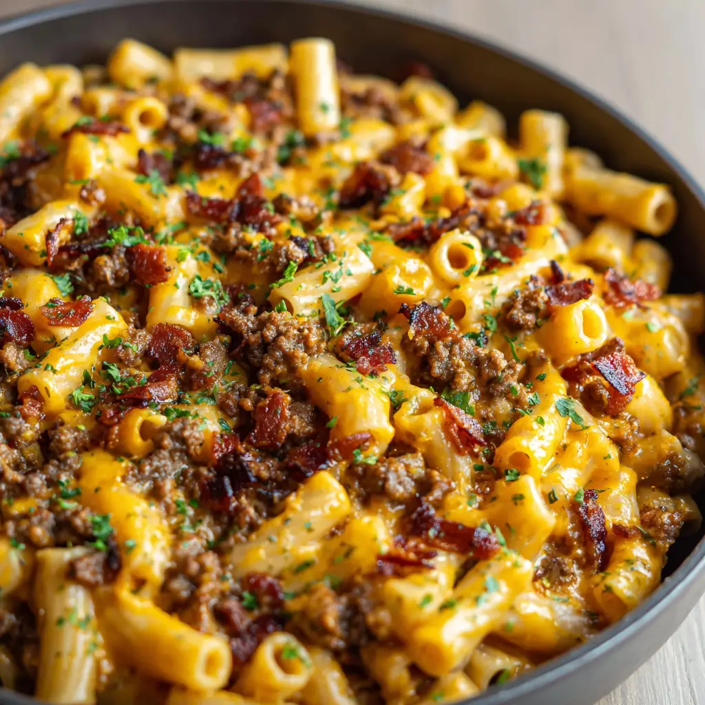Ultimate Bacon Cheeseburger Pasta 3 Top-down view of Bacon Cheeseburger Pasta ingredients including ground beef, thick-cut bacon, sharp cheddar cheese, and short tube pasta.