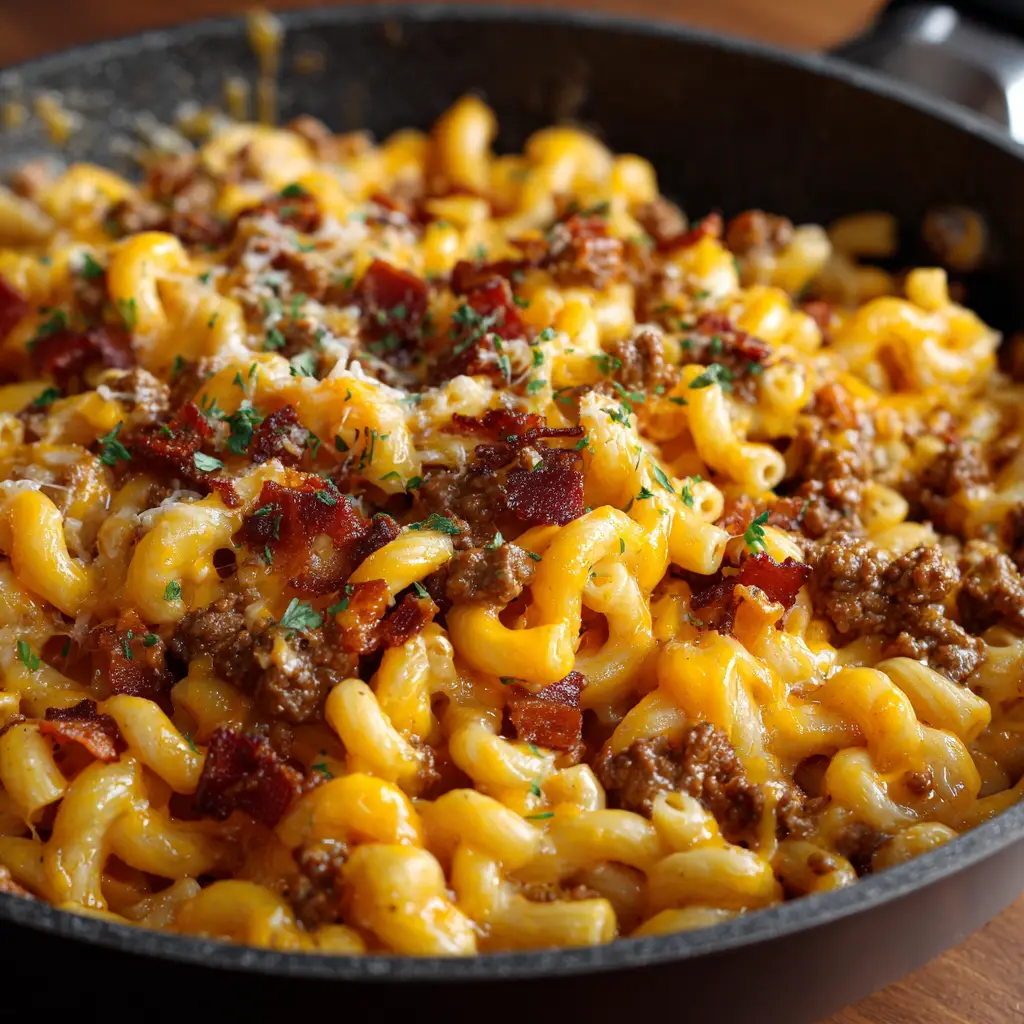 Ultimate Bacon Cheeseburger Pasta 2 Short tube pasta generously coated in melted orange-yellow cheddar cheese sauce with savory browned ground beef and fresh herbs.