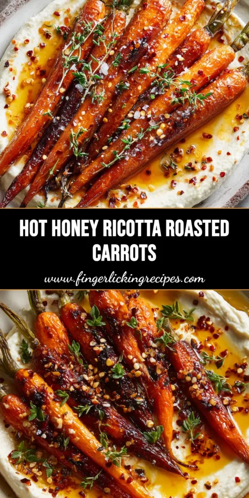 Hot Honey Roasted Carrots over Whipped Ricotta 4 A rustic ceramic serving platter smeared with whipped ricotta, topped with whole Hot Honey Roasted Carrots, crushed red pepper, and thyme.