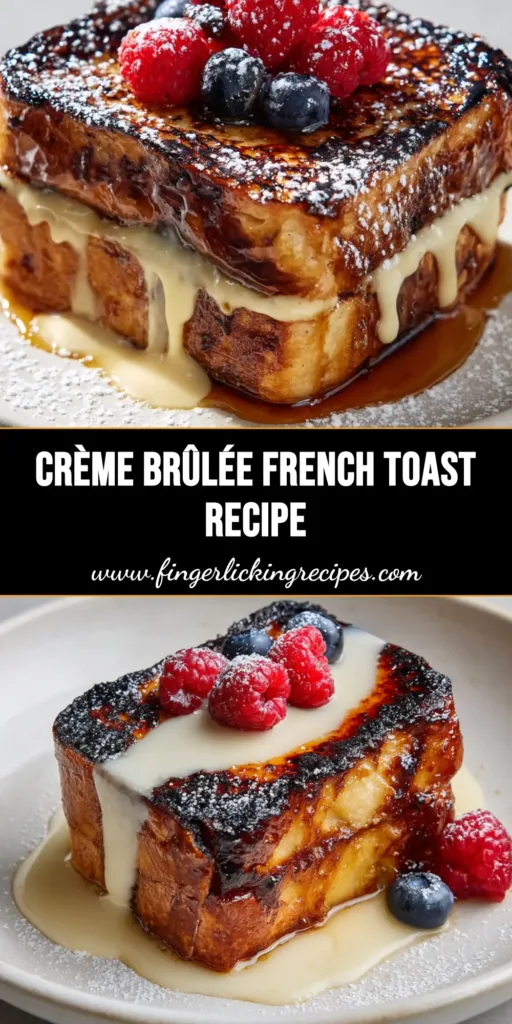 Crème Brûlée French Toast 4 A stack of Crème Brûlée French Toast topped with creamy vanilla custard, a torched sugar crust, fresh raspberries, blueberries, and powdered sugar.