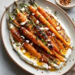 Thick, creamy base layer of whipped ricotta cheese smeared on a rustic ceramic serving platter for Hot Honey Roasted Carrots.