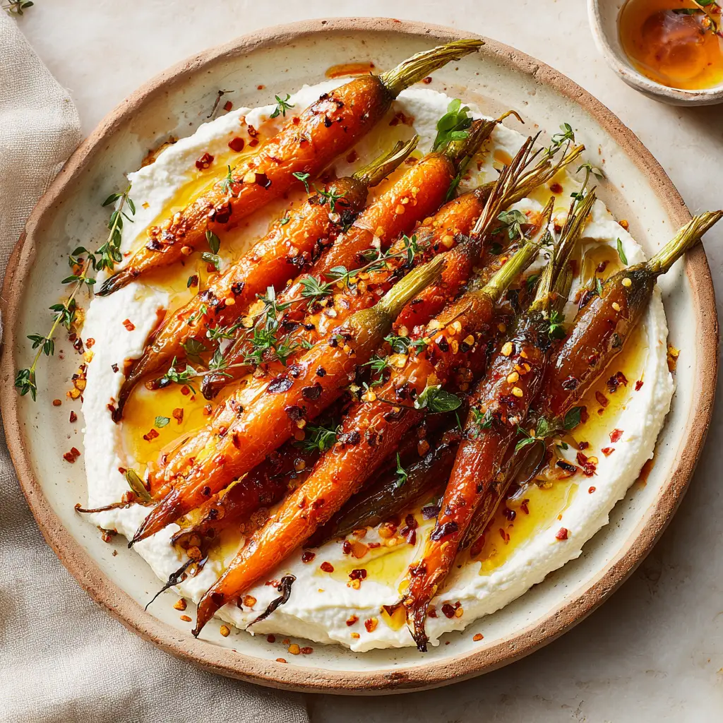 Hot Honey Roasted Carrots over Whipped Ricotta 2 Whole roasted baby carrots with blistered and charred skins, glazed in a glossy golden hot honey drizzle.