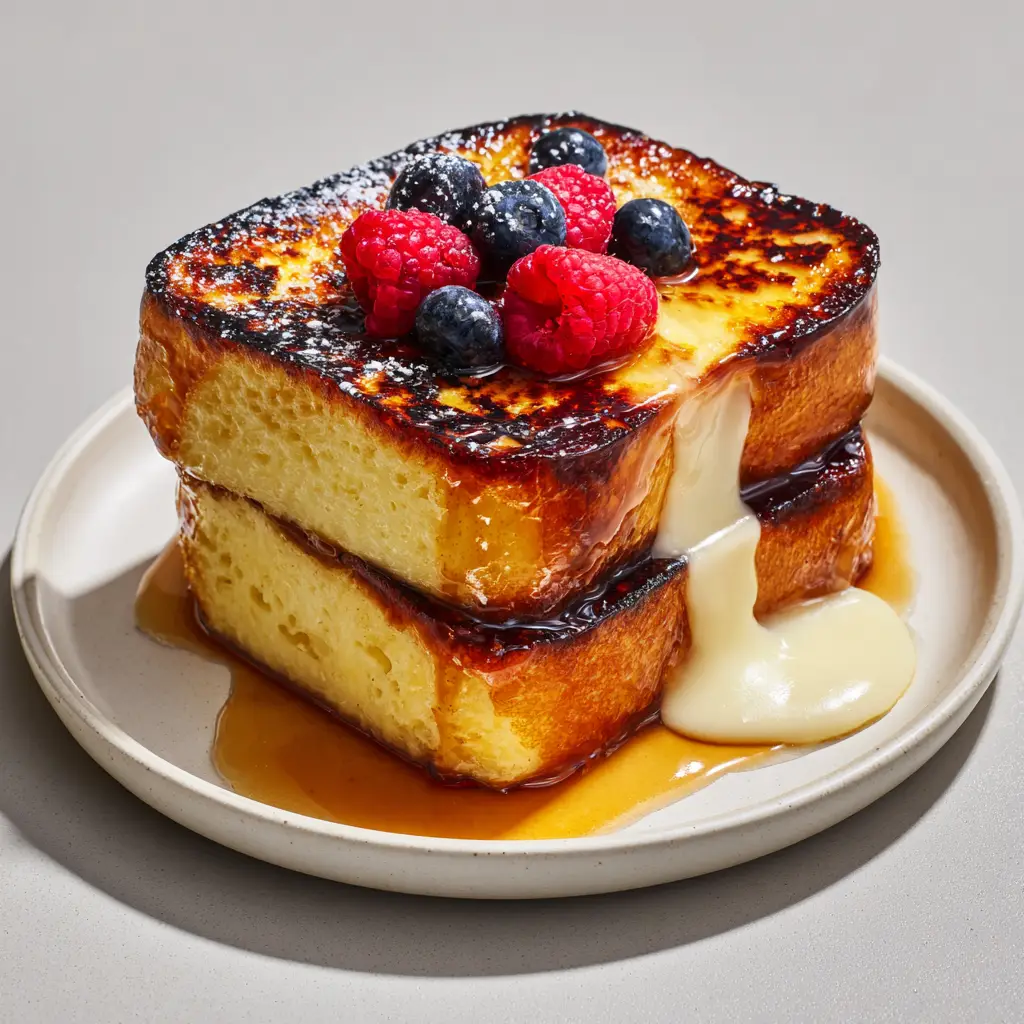 Crème Brûlée French Toast 2 Close up of golden-brown pan-toasted brioche covered in vanilla custard and charred sugar, garnished with berries.