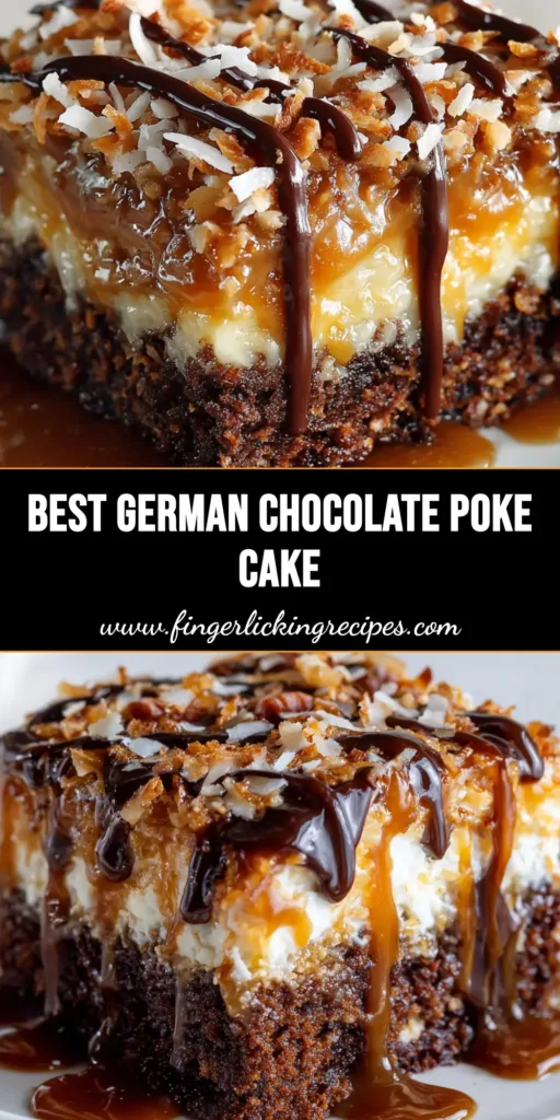 A tall slice of German Chocolate Poke Cake featuring oozing caramel, condensed milk, toasted coconut, pecans, and glossy chocolate ganache drizzle.