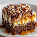 Close-up of thick dark brown moist chocolate sponge cake ingredients for German Chocolate Poke Cake.