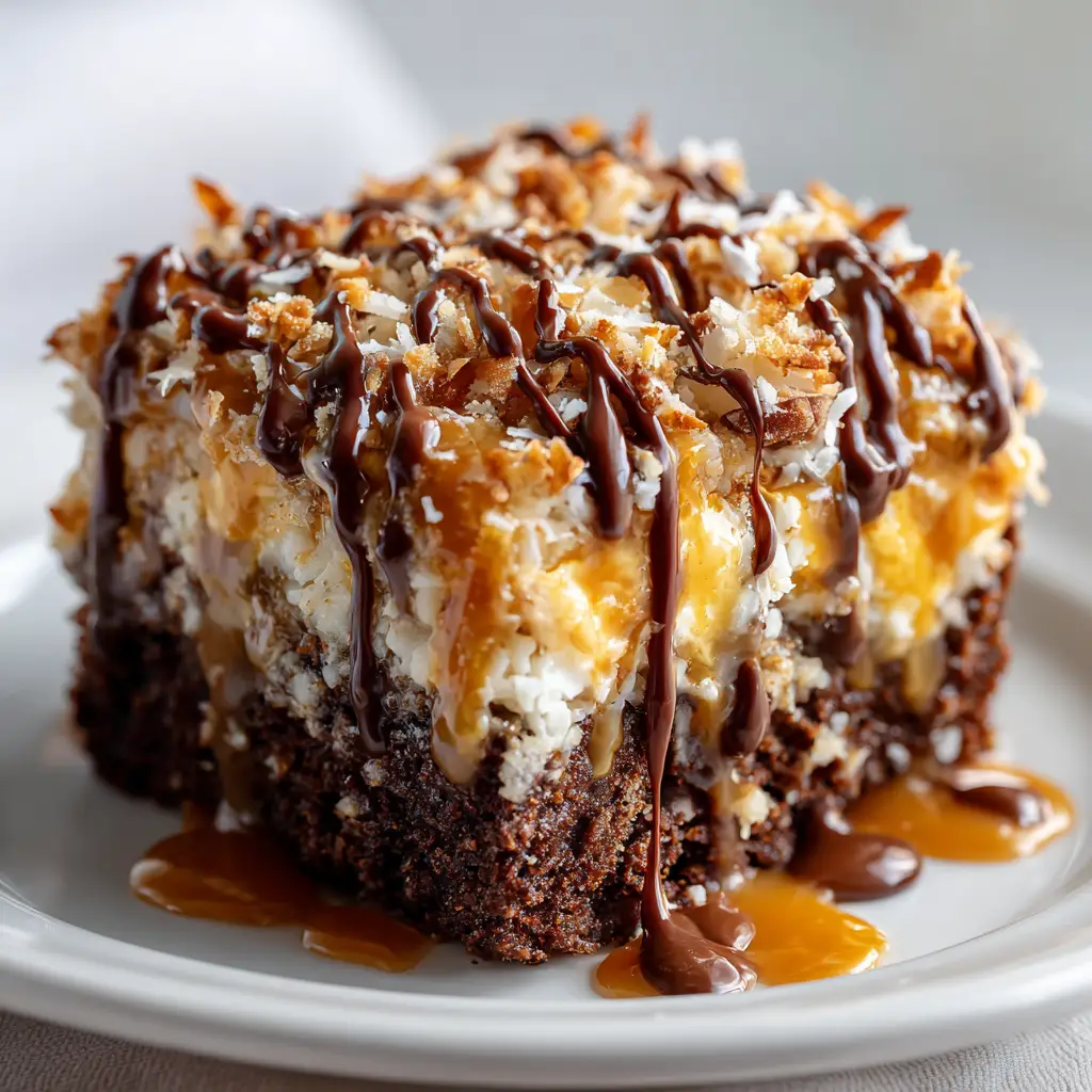 Close-up of a square slice of German chocolate poke cake with visible cylindrical poked holes oozing golden amber liquid caramel.