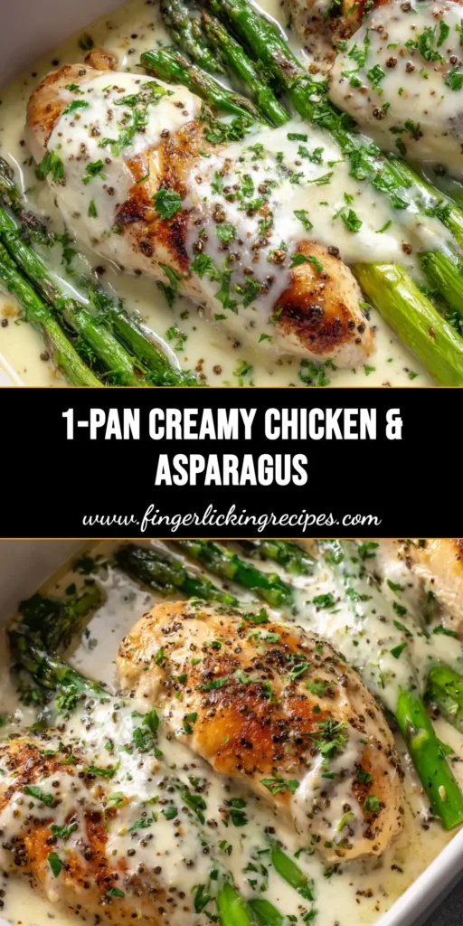 A bubbling white ceramic baking dish filled with creamy baked chicken and asparagus, garnished with black pepper and green parsley.