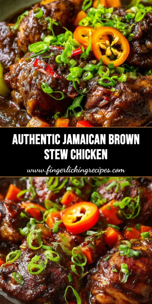 Authentic Jamaican Brown Stew Chicken 5 A rustic bowl of authentic Jamaican Brown Stew Chicken with thick glossy gravy, tender chicken thighs, carrots, and bell peppers.