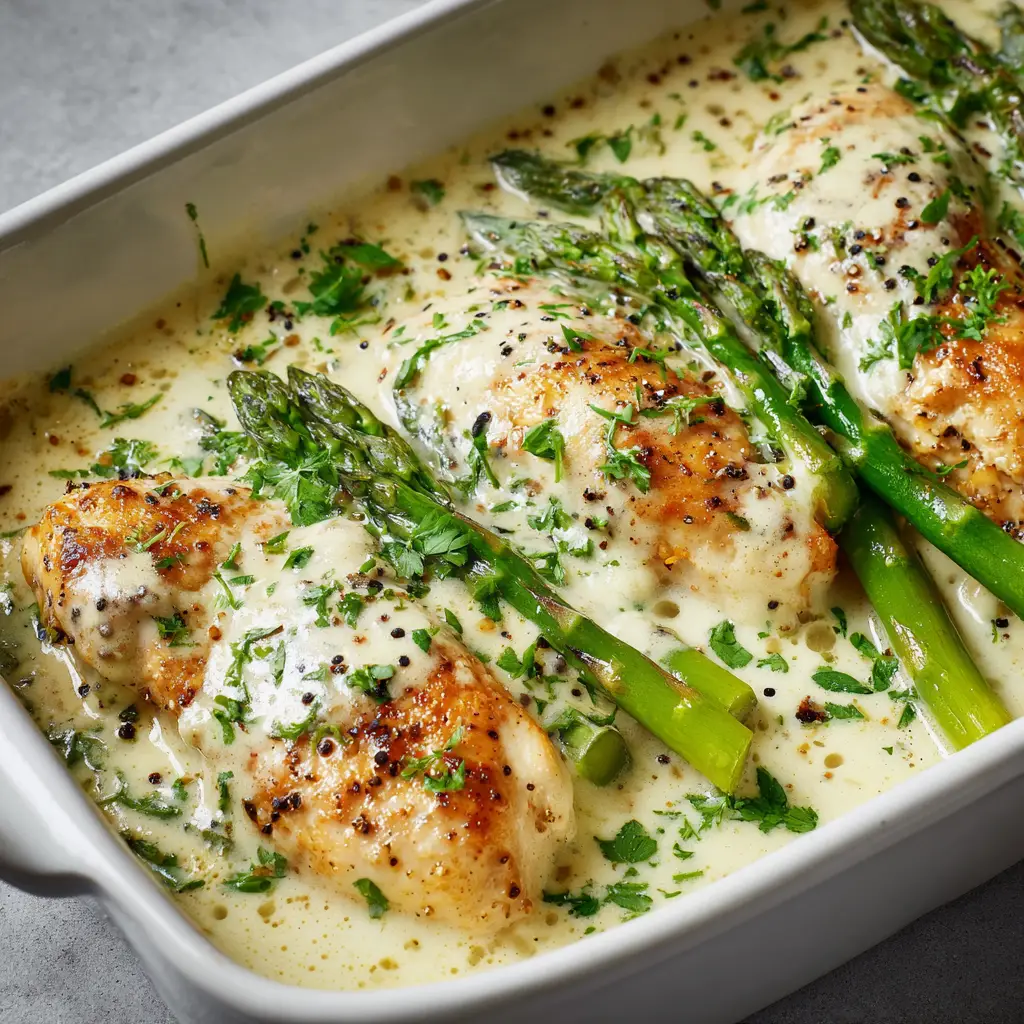 A close-up view of a rectangular white ceramic baking dish containing creamy baked chicken and asparagus with a slight golden crust peeking through the cream.