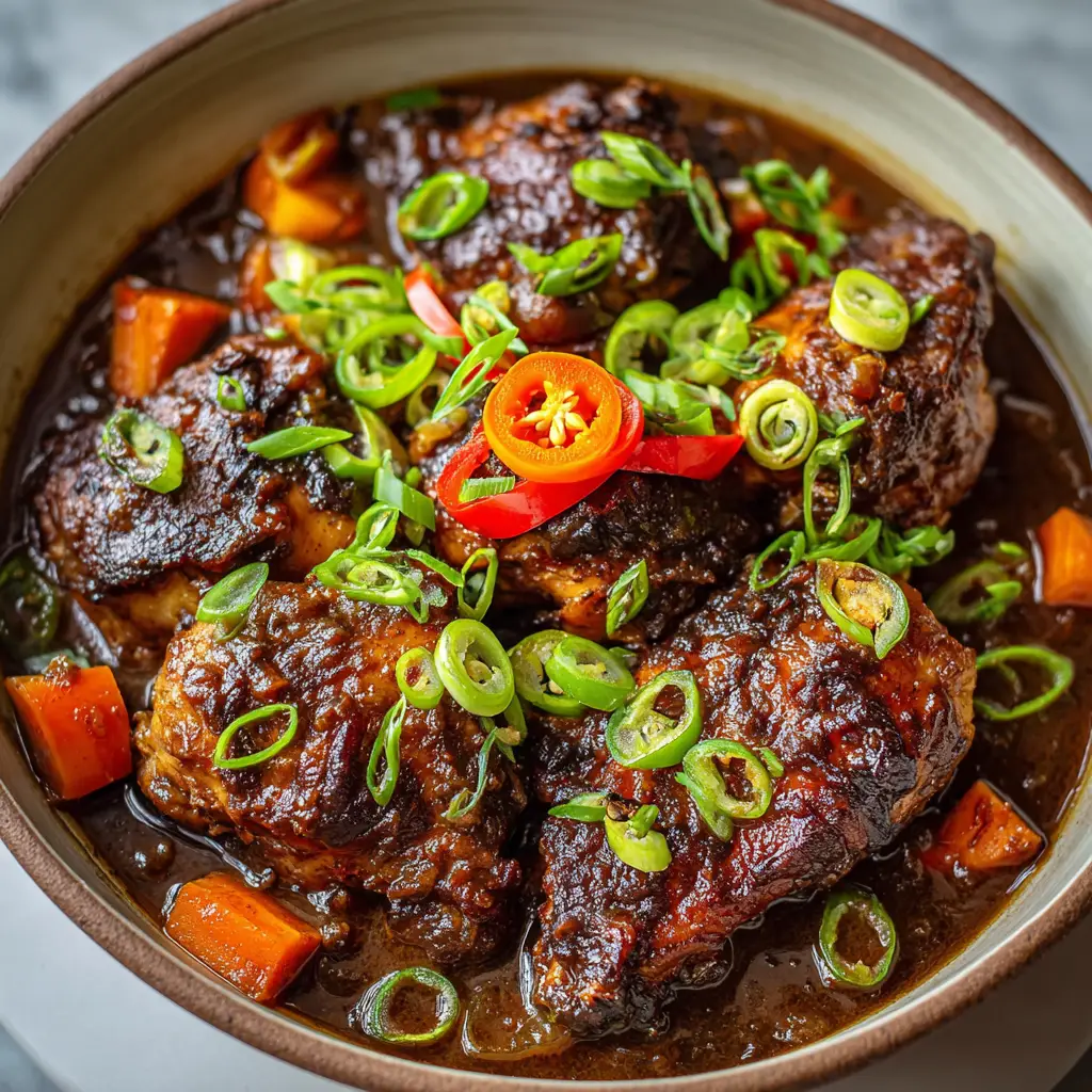 Authentic Jamaican Brown Stew Chicken 3 Close-up view of raw ingredients and deeply browned braised chicken resting in dark caramelized gravy for Jamaican Brown Stew Chicken.