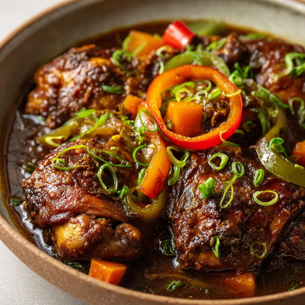 Authentic Jamaican Brown Stew Chicken 2 Cooking authentic Jamaican Brown Stew Chicken in a heavy pot, showing the wilted bell peppers, translucent onions, and diced carrots.