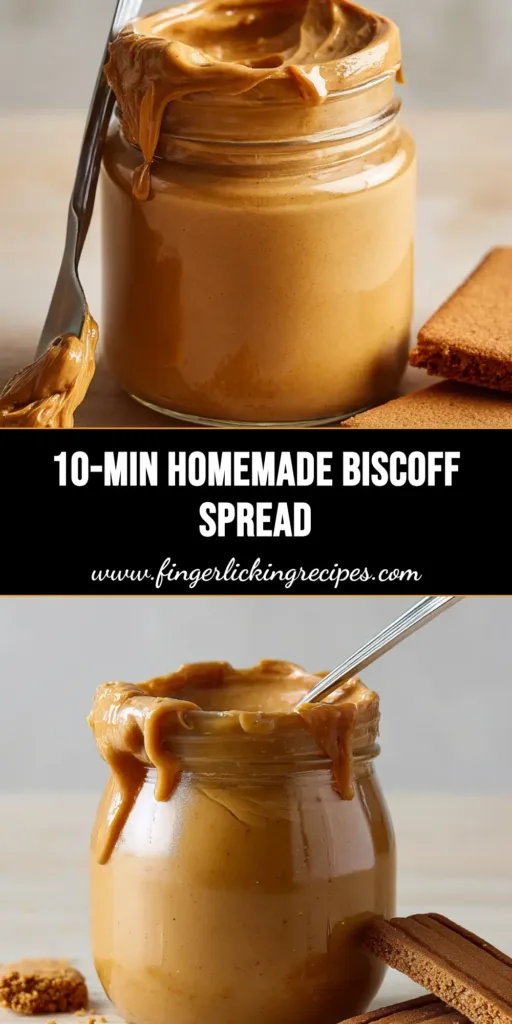 A glass jar filled to the brim with Homemade Biscoff Cookie Butter, showing a thick, glossy caramel-brown spread on a silver knife with crushed crumbs.
