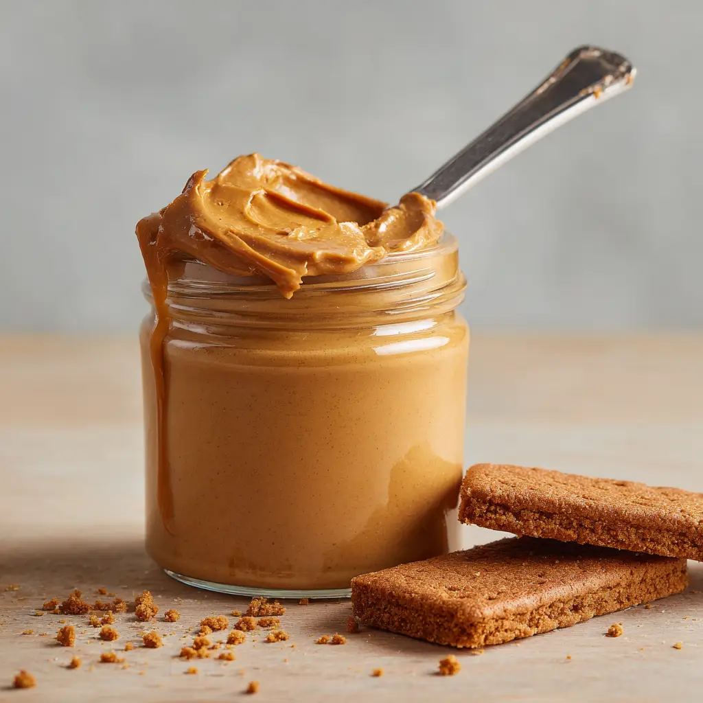 Two rectangular, caramelized Biscoff cookies sitting right next to a glass jar of Homemade Biscoff Cookie Butter on a light wooden countertop with fine crumbs.