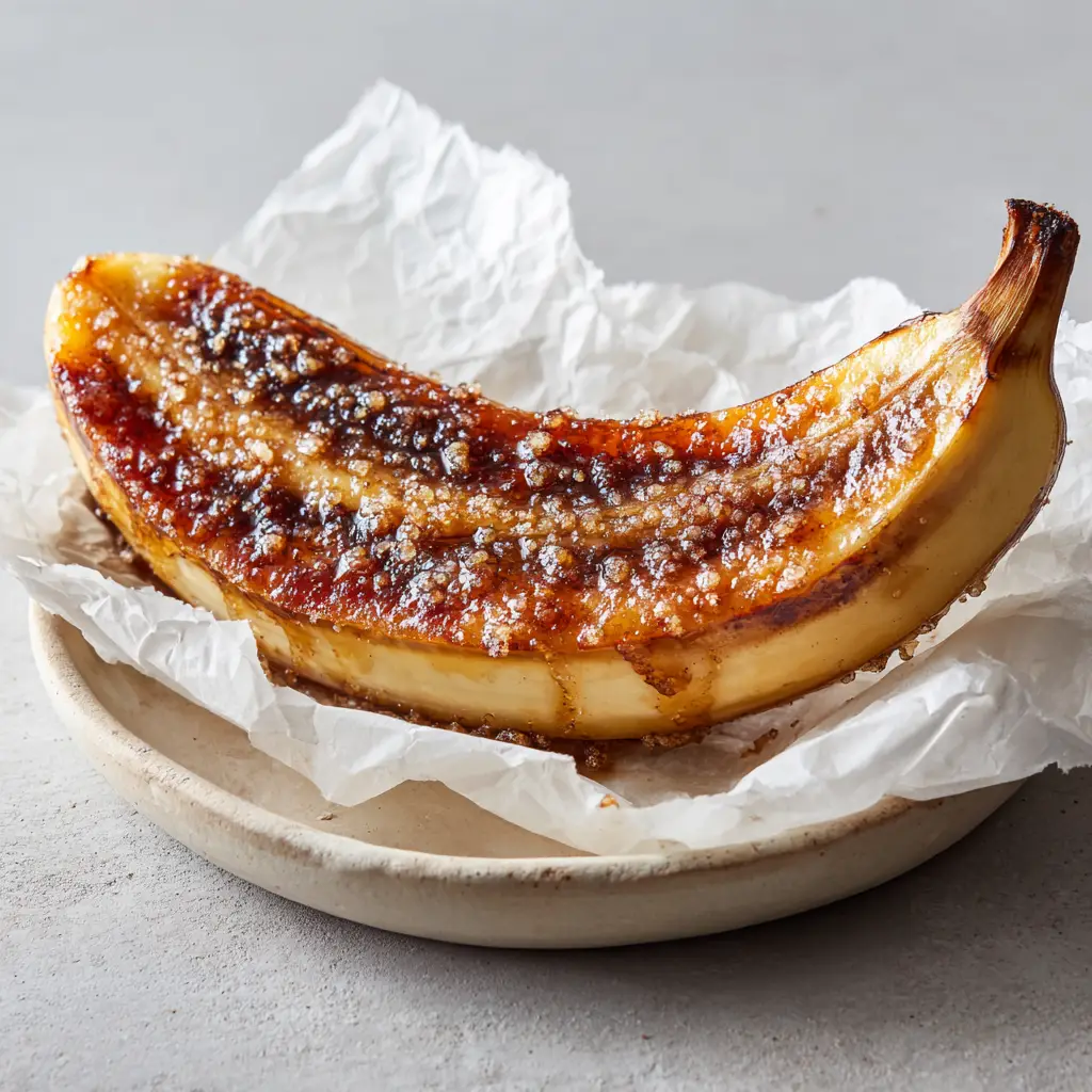 Close up of the bubbling cinnamon-sugar glaze on an air-fried banana resting on a plain ceramic plate.