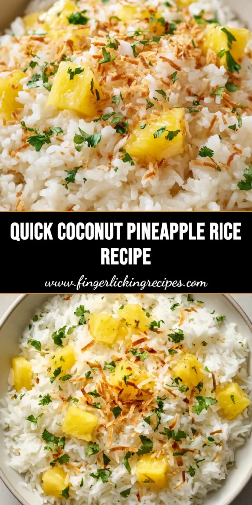 A close-up, top-down view of creamy coconut pineapple rice served in a round matte white ceramic bowl, garnished with toasted coconut and fresh cilantro.