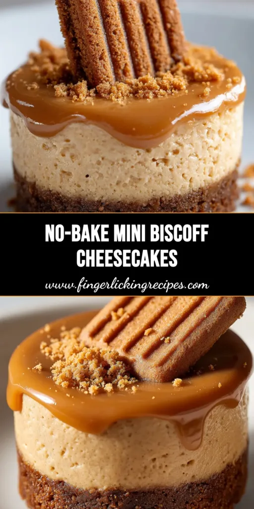 A close up of a No-Bake Mini Biscoff Cheesecake sitting on a plain white ceramic plate, featuring a dark crushed cookie crust, smooth light caramel filling, melted glossy cookie butter topping, and a crisp cookie half garnish.