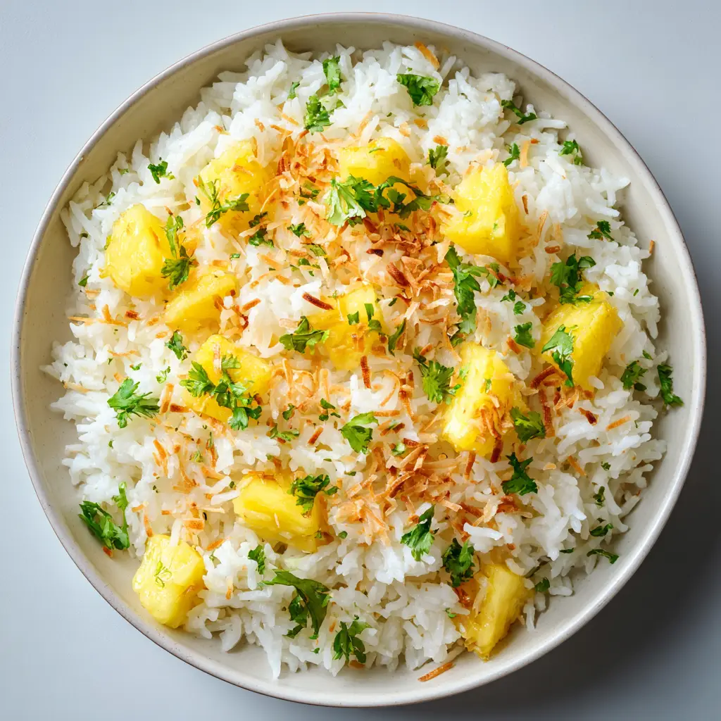 Fluffy, slightly sticky cooked long-grain white rice completely coated in a thin, glossy opaque white coconut milk glaze with bright yellow pineapple chunks.