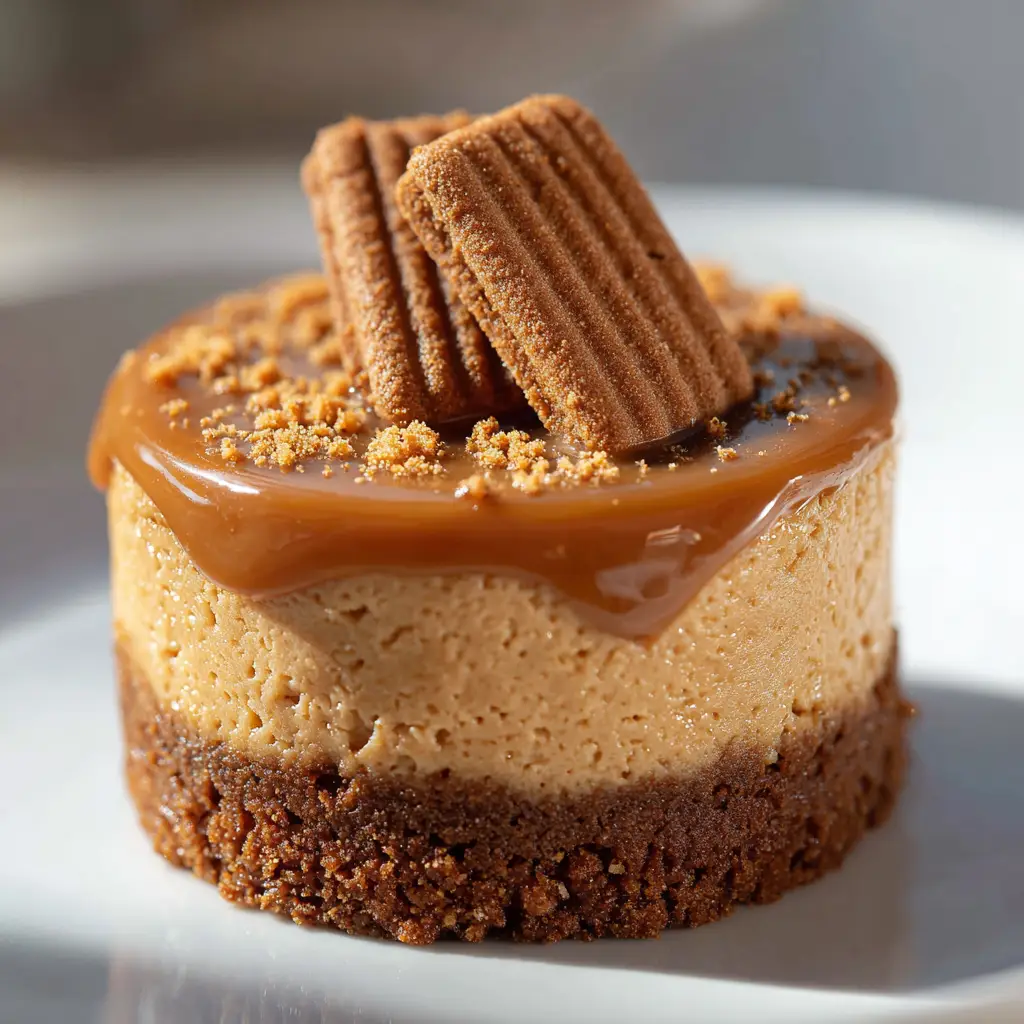 A tall, perfectly smooth, velvety light caramel-colored cheesecake filling piped over a Biscoff cookie crust, ready for the fridge.