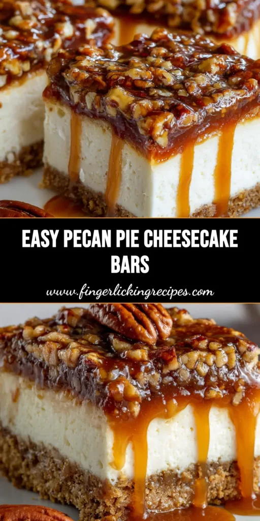 A close-up shot of a sliced pecan pie cheesecake bar showing a golden graham cracker crust, thick dense white cheesecake layer, and glossy amber caramel packed with toasted pecans.