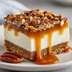 Decadent Pecan Pie Cheesecake Bars Ingredients for Pecan Pie Cheesecake Bars featuring graham crackers, cream cheese, butter, brown sugar, and toasted pecans.