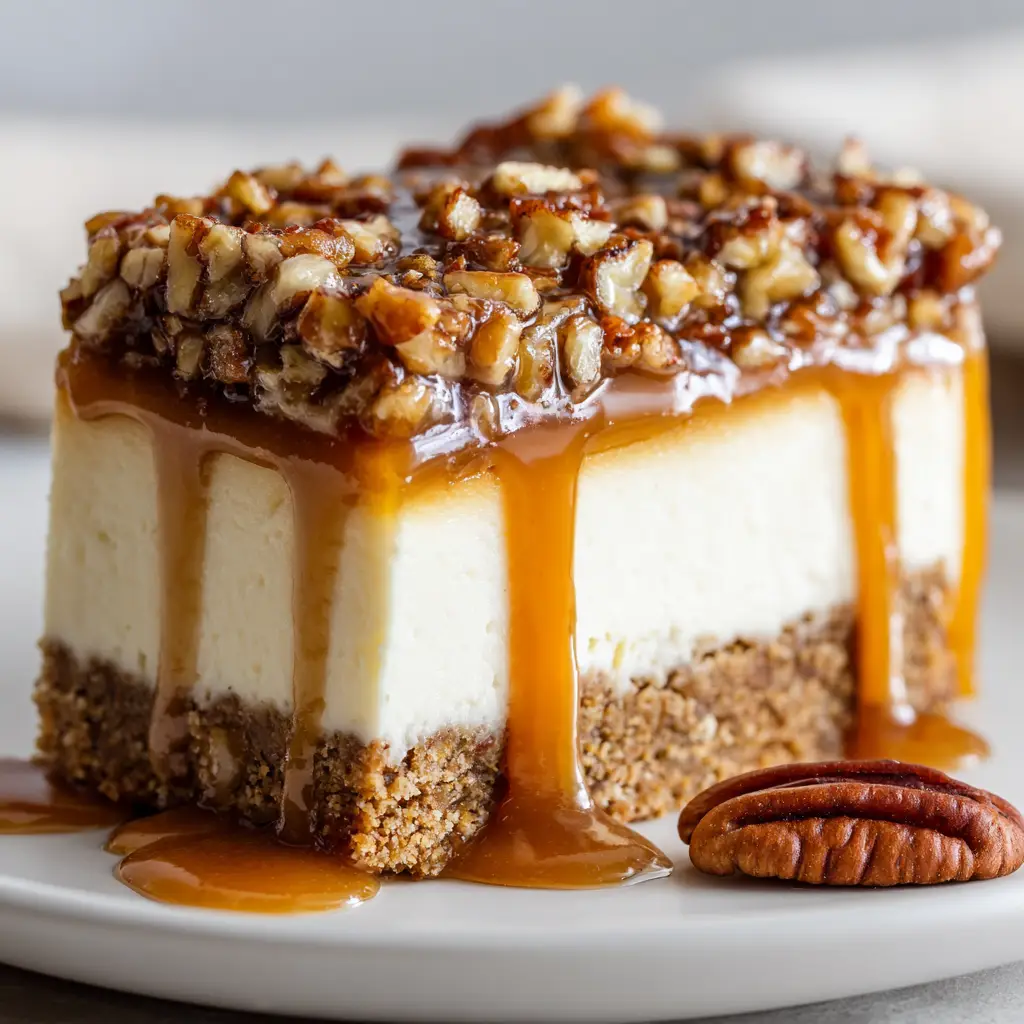 A beautifully sliced pecan pie cheesecake bar on a white plate with amber caramel sauce pooling next to a toasted pecan half.