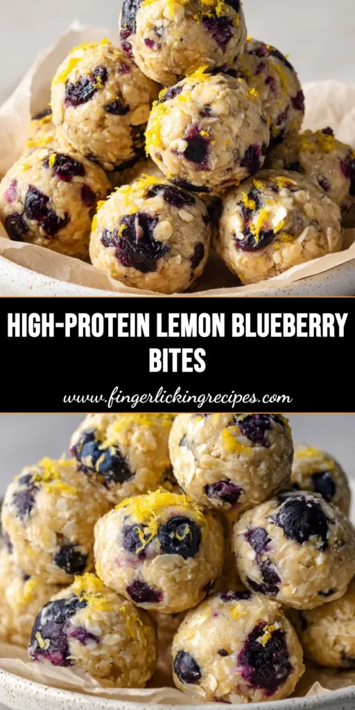 Lemon Blueberry Cottage Cheese Protein Bites 4 A small pile of round Lemon Blueberry Cottage Cheese Protein Bites on a white plate with parchment paper, featuring whole blueberries and lemon zest.